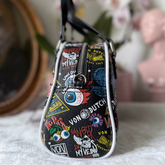Von Dutch Jax Bowler Bag Black Graffiti Logo Print Y2K Satchel Tote NWT - Picture 3 of 11